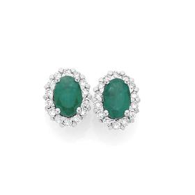 9ct+Gold+Emerald+%26amp%3B+Diamond+Oval+Frame+Stud+Earrings