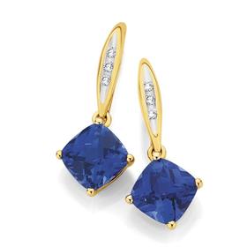 9ct+Gold+Created+Sapphire+%26amp%3B+Diamond+Drop+Earrings