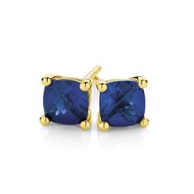 9ct+Gold+Created+Sapphire+Cushion+Cut+Studs