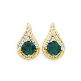 9ct+Gold+Emerald+%26amp%3B+Diamond+Cushion+Swirl+Earrings