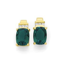 9ct+Gold+Created+Emerald+%26amp%3B+Diamond+Stud+Earrings