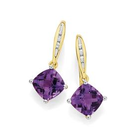 9ct+Gold+Amethyst+%26amp%3B+Diamond+Drop+Earrings