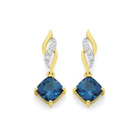 9ct+Gold+London+Blue+Topaz+%26amp%3B+Diamond+Drop+Earrings