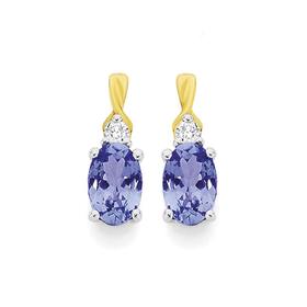 9ct+Gold+Tanzanite+%26amp%3B+Diamond+Oval+Twist+Earrings