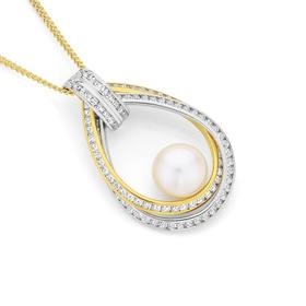 9ct-Gold-Two-Tone-Cultured-Fresh-Water-Pearl-CZ-Drop-Pendant on sale