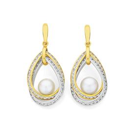 9ct+Gold+Two+Tone+Cultured+Fresh+Water+Pearl+%26amp%3B+CZ+Drop+Earrings