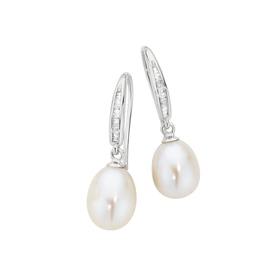 9ct+White+Gold+Pearl+%26amp%3B+Diamond+Drop+Earrings