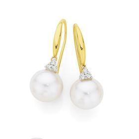 9ct+Gold+Cultured+Freshwater+Pearl+%26amp%3B+.10ct+Diamond+Hook+Earrings