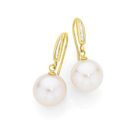 9ct+Gold+Cultured+Fresh+Water+Pearl+%26amp%3B+Diamond+Drop+Earrings