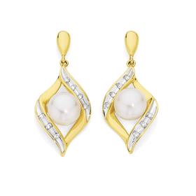 9ct+Gold+Cultured+Fresh+Water+Pearl+%26+Diamond+Crossover+Drop+Earrings