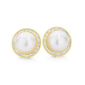 9ct-Gold-Cultured-Freshwater-Pearl-Diamond-Baguette-Cut-Bezel-Set-Stud-Earrings on sale