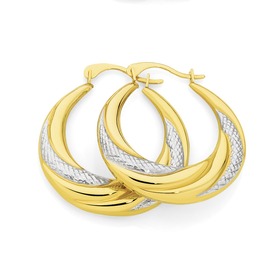 9ct+Gold+Two+Tone+Diamond-Cut+Swirl+Creole+Earrings