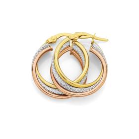 9ct+Gold+Tri+Tone+15mm+Plain+%26+Pattern+Hoop+Earrings