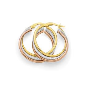 9ct+Gold+Tri+Tone+20mm+Plain+%26amp%3B+Pattern+Triple+Hoop+Earrings