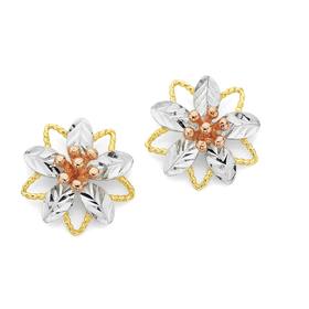 9ct+Gold+Tri+Tone+Diamond-Cut+Filigree+Flower+Studs