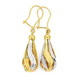 9ct+Gold+Two+Tone+Diamond-Cut+Teardrop+Earrings