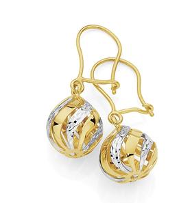 9ct+Gold+Two+Tone+Diamond-Cut+Ball+Drop+Earrings