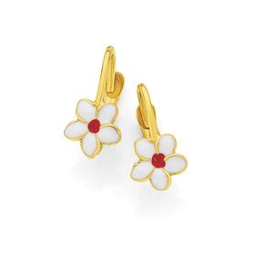 9ct+Gold+White+%26amp%3B+Red+Flower+Half+Hoop+Earrings