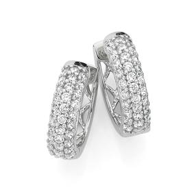 Silver+12mm+Pave+Cubic+Zirconia+Huggie+Earrings