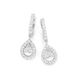 Silver+Pear+Cubic+Zirconia+Cluster+Hoop+Drop+Earrings