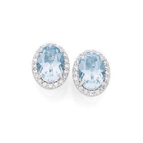 Silver+Oval+Blue+Topaz+%26amp%3B+CZ+Cluster+Studs