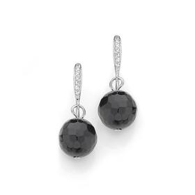 Silver+Onyx+Ball+on+CZ+Hook+Earrings