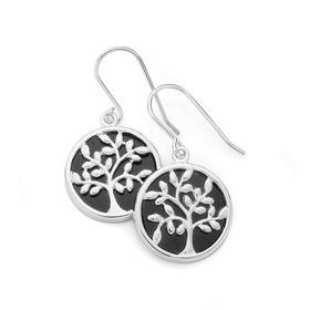 Silver+Onyx+Tree+Of+Life+Hook+Earrings