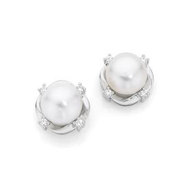 Silver+Cultured+Fresh+Water+Pearl+4+CZ+Fancy+Stud+Earrings