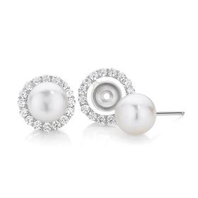 Silver+Cultured+Fresh+Water+Pearl+%26amp%3B+CZ+Cluster+Interchangeable+Stud+Earrings