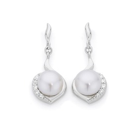 Silver+Cultured+Fresh+Water+Pearl+%26amp%3B+CZ+Loop+Earrings