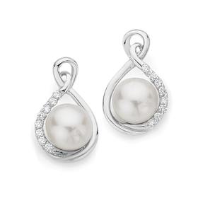 Silver+Cultured+Fresh+Water+Pearl+%26amp%3B+Cubic+Zirconia+Loop+Stud+Earrings