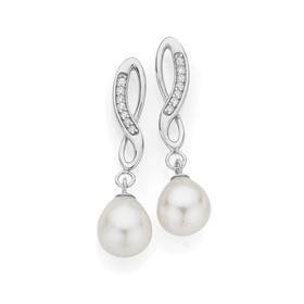 Silver+Cultured+Fresh+Water+Pearl+%26amp%3B+Cubic+Zirconia+Infinity+Earrings