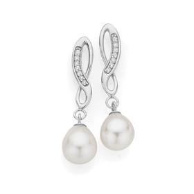 Silver-Cultured-Fresh-Water-Pearl-Cubic-Zirconia-Infinity-Earrings on sale