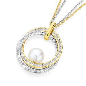 9ct+Gold+Two+Tone+Pearl+%26amp%3B+CZ+Pendant+with+Chain