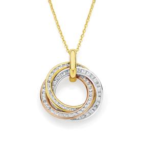 9ct+Tri+Tone+CZ+Pendant+with+Chain