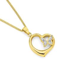 9ct+Gold+Crystal+Butterfly+Heart+Pendant