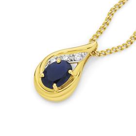 9ct+Gold+Sapphire+%26amp%3B+Diamond+Swirl+Flame+Pendant