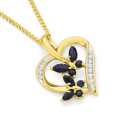 9ct+Gold+Sapphire+%26amp%3B+Diamond+Butterfly+Heart+Pendant