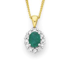 9ct+Gold+Emerald+%26amp%3B+Diamond+Oval+Frame+Pendant