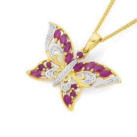 9ct+Gold+Natural+Ruby+%26amp%3B+Diamond+Butterfly+Pendant