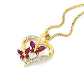 9ct+Gold+Natural+Ruby+%26+Diamond+Butterfly+Heart+Pendant