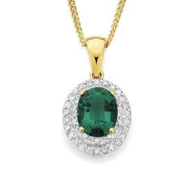 9ct+Gold+Created+Emerald+%26amp%3B+Diamond+Frame+Pendant