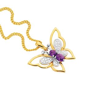 9ct+Gold+Amethyst+%26+Diamond+Butterfly+Pendant