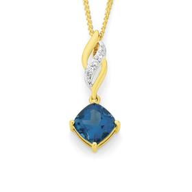 9ct+Gold+London+Blue+Topaz+%26amp%3B+Diamond+Drop+Pendant