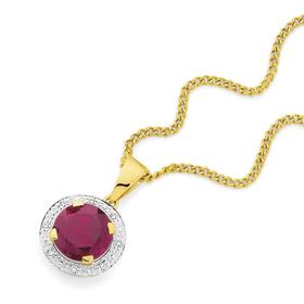 9ct+Gold+Created+Ruby+%26amp%3B+Diamond+Round+Pendant