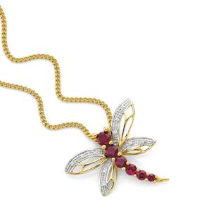 9ct+Gold+Created+Ruby+%26+Diamond+Dragonfly+Pendant