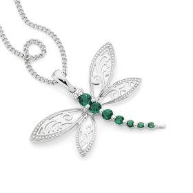 9ct+White+Gold+Created+Emerald+%26amp%3B+Diamond+Pendant