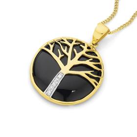 9ct-Gold-Onyx-Diamond-Tree-Pendant on sale