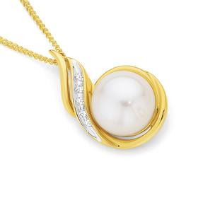 9ct+Gold+Cultured+Freshwater+Button+Pearl+%26amp%3B+Diamond+Pendant