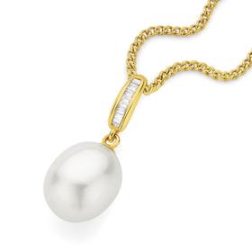 9ct+Gold+Cultured+Fresh+Water+Pearl+%26+Diamond+Pendant